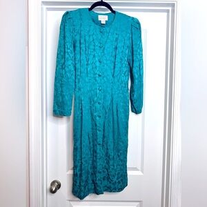 Vintage Adrianna Papell 💯Silk Sheath Teal Green Button Down Dress Women's 6